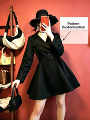Custom-print black trench-style dress